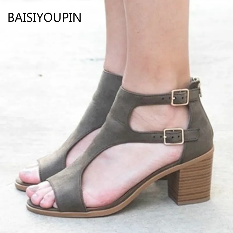 

Plus Size Summer Casual Women Sandals Fashion Flock Double Buckle Back Zipper Thick High Heel Solid Female Shoes