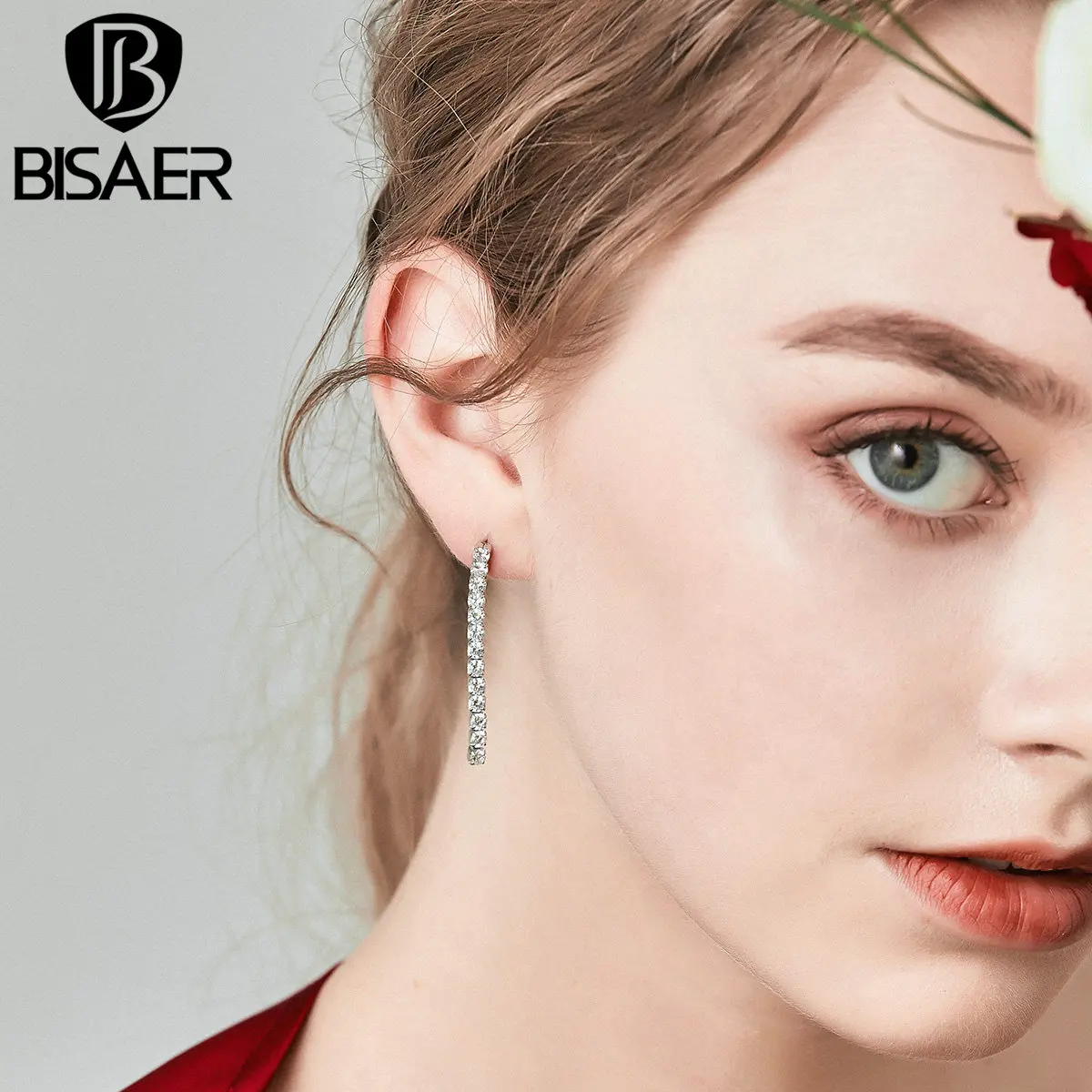 

BISAER Cubic Zirconia Earrings for Women 925 Sterling Silver Clear Crystal Long Drop Earring Boucle d'oreilles Mode 2019 GXE456