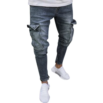 

Men'S Jeans Trend Knee Hole Zipper Feet Trousers Ripped Pocket Jeans Hole Men Jeans Streetwear Jeans