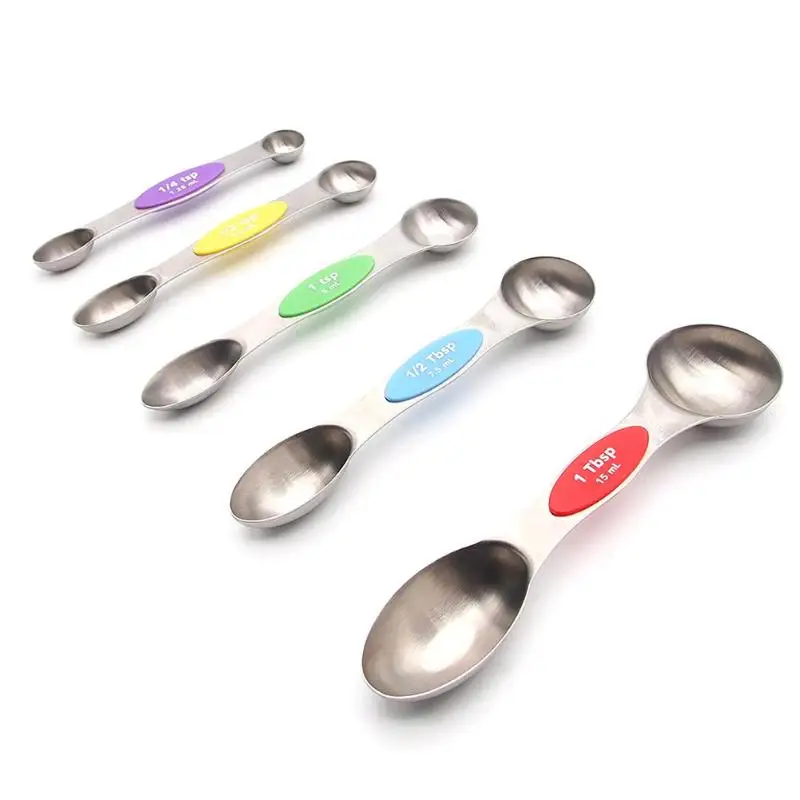 

5pcs/set Seasoning Scoop Stainless Steel Double Head Magnetic Measuring Spoons Baking Scale Absorption Storage Kitchen Tool