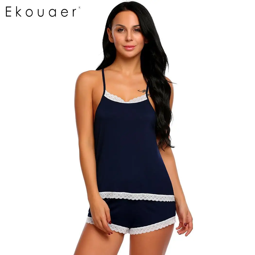 Ekouaer сексуальные летние пижамы костюм женские пижамы v-образный вырез сетка пэчворк Cami Топ Drawstring шорты пижамный комплект ночное белье