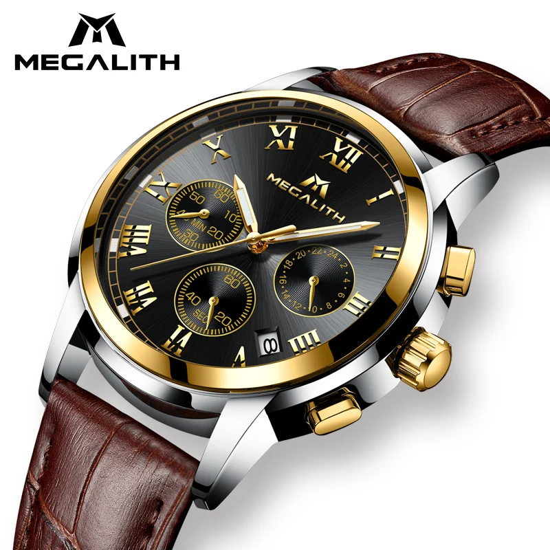 

MEGALITH Leather Strap Men Watch Waterproof Date Calendar Casual Sports Fashion Casual Luminous Quartz Wrist Watches Mens Clock