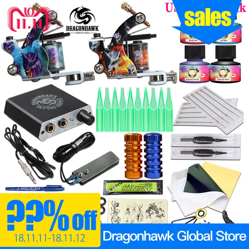 

Complete Tattoo Kit 2 Machine Guns Inks Needles Tattoo Power Supply