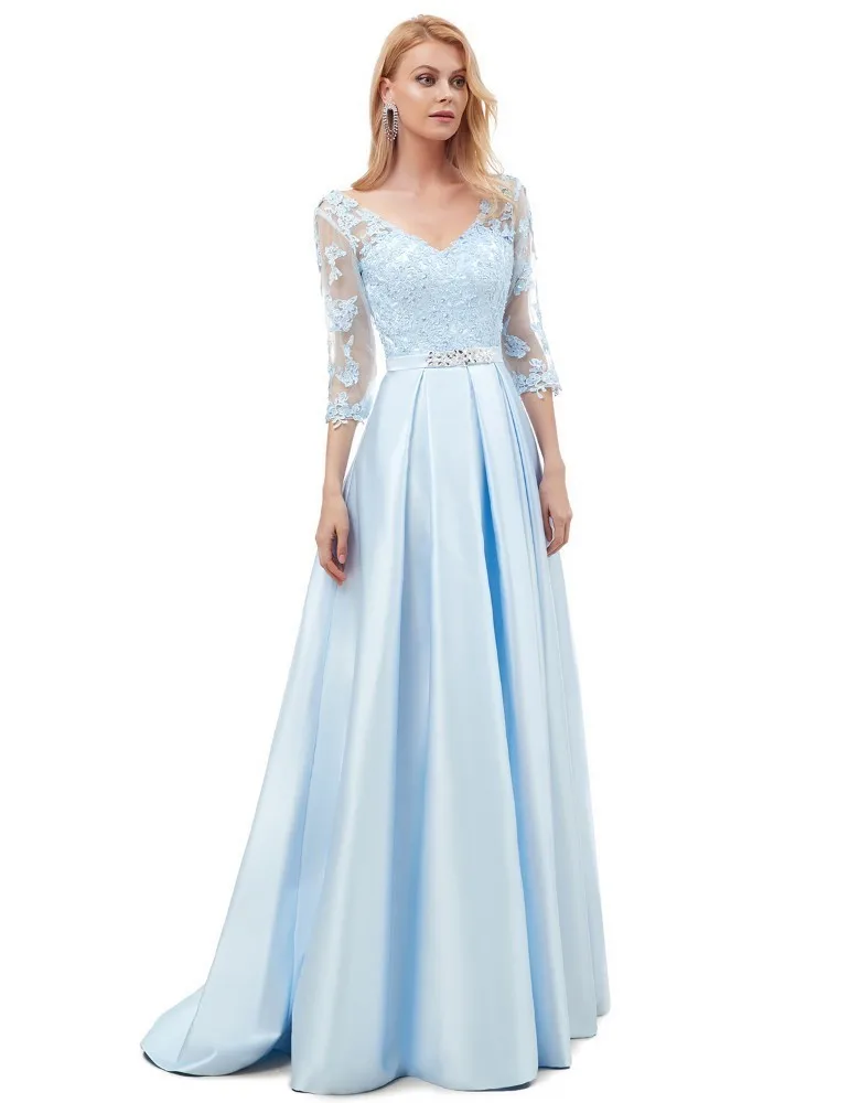 Женское вечернее платье Vivian's Bridal синее сатиновое с коротким рукавом и двойным