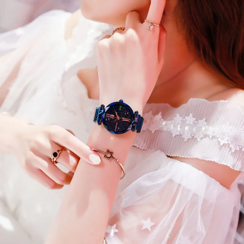 

Luxury Diamond Rose Gold Women Watches Fashion Ladies Starry Sky Magnetic Watch Casual Mesh Steel Rhinestone Female Wristwatch