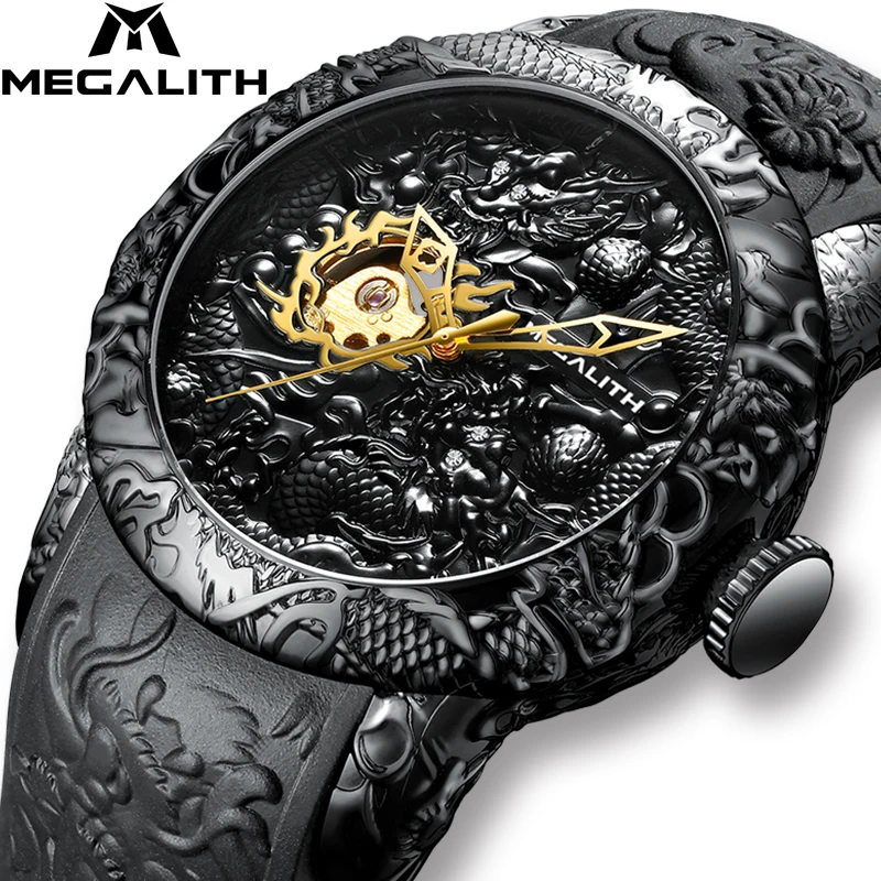 

MEGALITH Automatic Mechanical Watch For Mens Gold Dragon Sculpture Men Watch Waterproof Silicone Strap Wristwatch Relojes Hombre