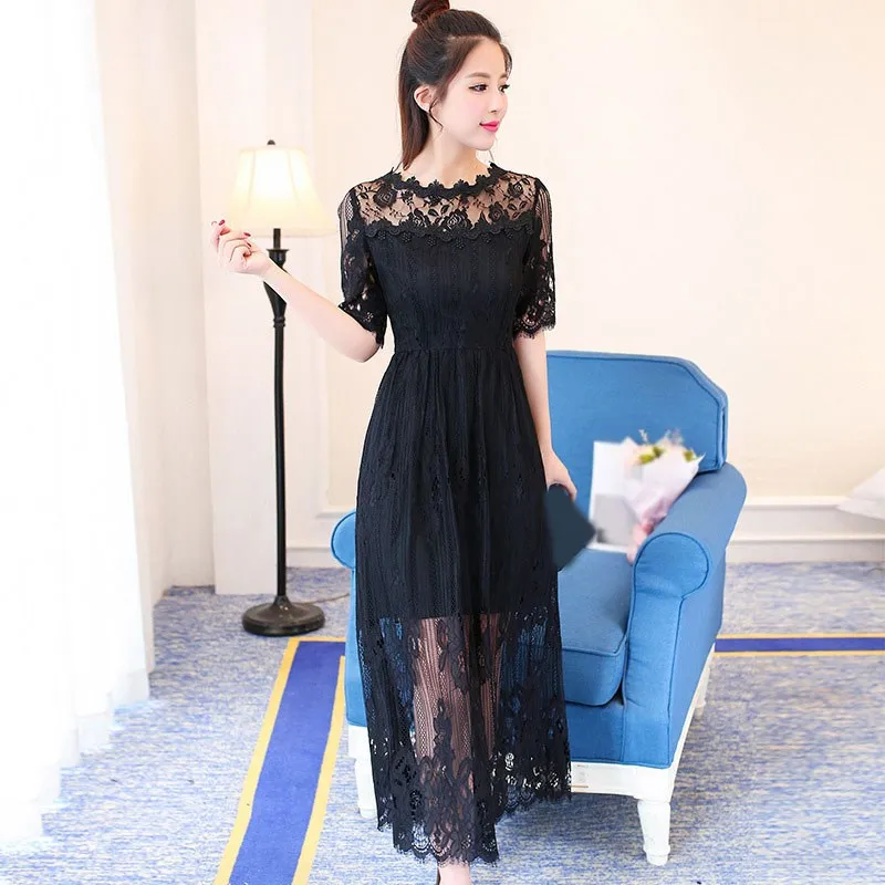 

Summer Women Lace Dress Slim Solid Color Lace Hollow Dress Elegant Long Bohemia Beach Dress
