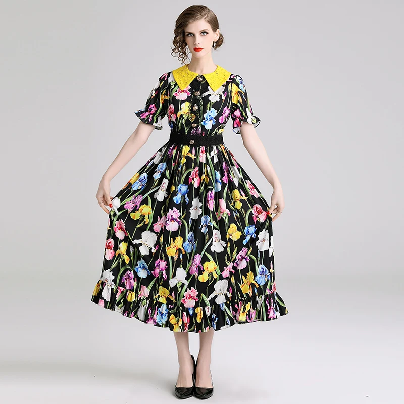 

2019 Summer Runway Women Floral Print Long Dress Ruffles Short Sleeve Lace Collar Tiger Head Gold Button Maxi Dresses Vestidos