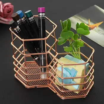 

Cosmetics Storage Basket Organizer Double Hexagon Pen Holder Rose Gold Storage Basket Iron Storage Basket Case