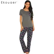 Ekouaer женский пижамный комплект, Повседневная Мягкая Пижама с передним карманом и круглым вырезом, топы с коротким рукавом и длинная Пижама, пижамный комплект, домашняя одежда