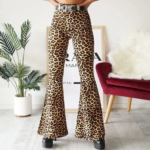 

Ladies Casual Loose Stretch Bell Bottom Pants Women Fashion Sexy Leopard Print High Waist Wide Leg Flare Trousers