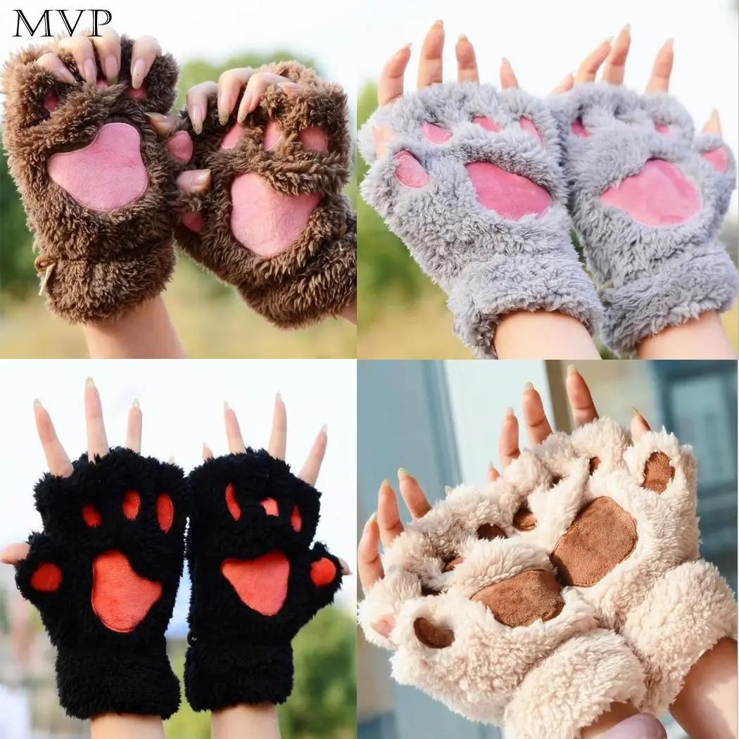

Cat Claw Cute Plush Gloves Winter Thick Fall and Women Warm Half-finger Cartoon Gloves Casual