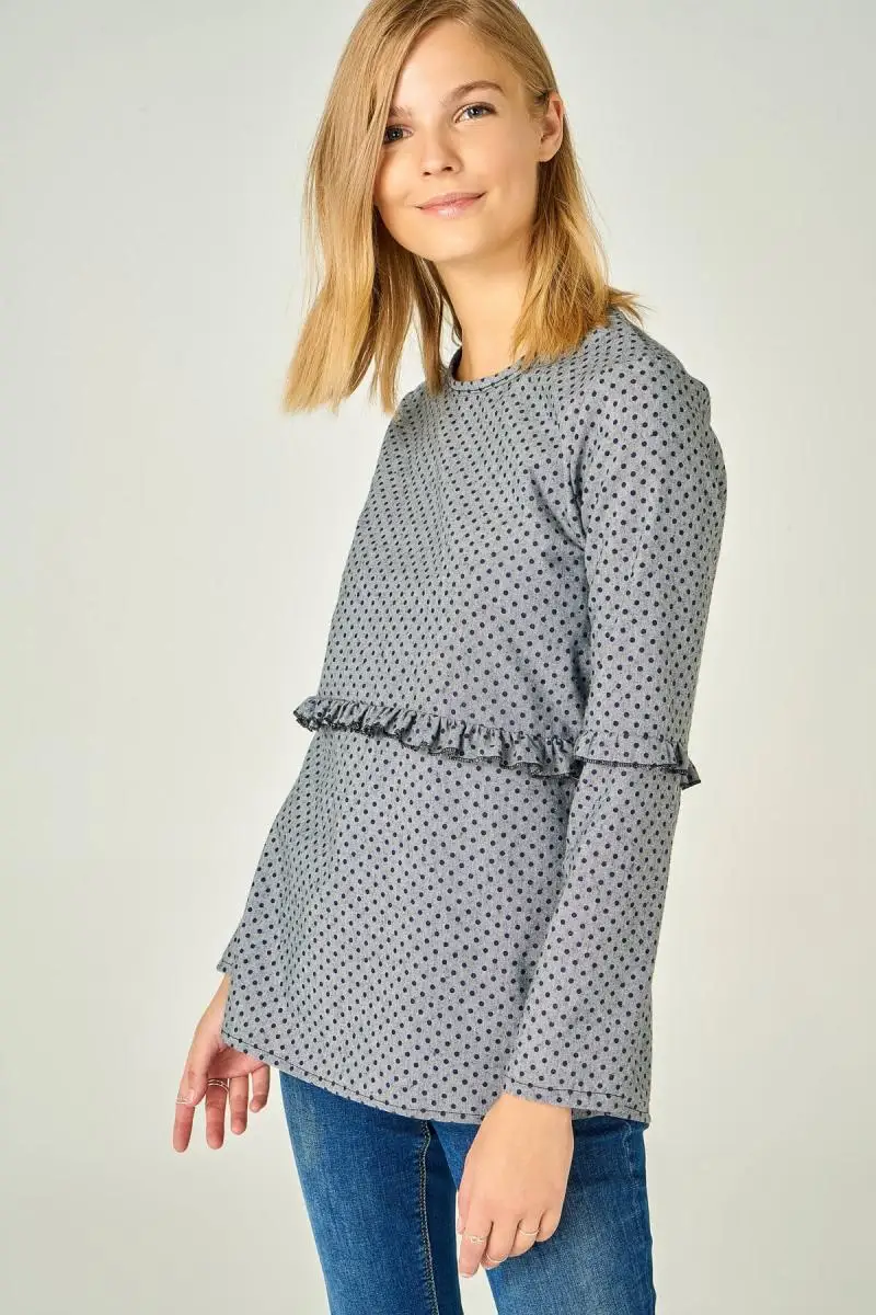 Boutiquen Women Gray Ruffle Detail Blouse 1010Blouses & Shirts