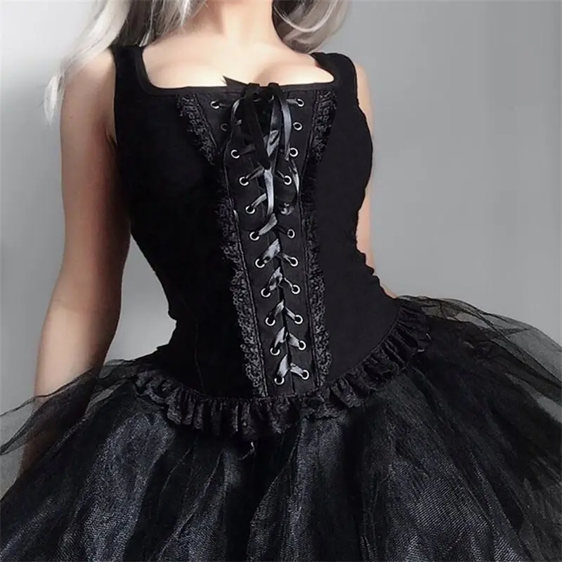 

Bandage Black Crop Top Women Tank Top Summer 2019 Vintage Lace Camis Sexy Fashion Streetwear Zipper Slim Ladies Gothic Knit Tops