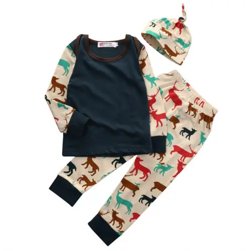 Новорожденных Для маленьких мальчиков девочек топы с рисунком оленя, футболка штаны Шапки 3 шт. комплект Дети осень Цветочный одежда из