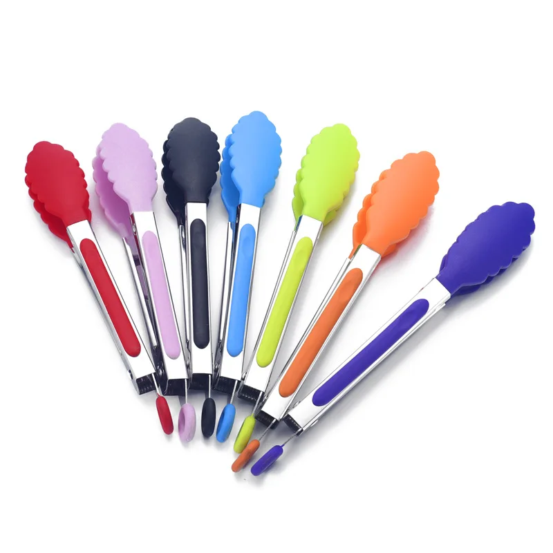 

Mini Stainless Steel Handle Silicone Tongs Kitchen Food Spatula Clip Clamp With Hanging Hook Cooking BBQ Tongs Random colors