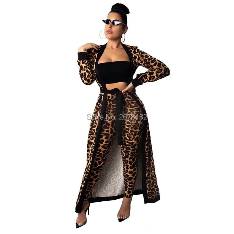

New Winter Leopard Tracksuit Women Fashion Long Cardigan Tops And Bodycon Pants Bandage Casual Elegant Two Piece Set