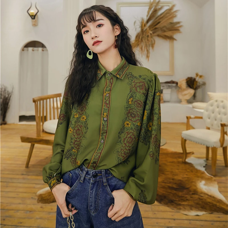 

2019 new fashion women's blouse shirt Printed French Court Vintage Long Sleeve Shirt