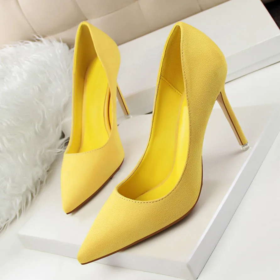

2018 Women Pumps Classic High Heels Shoes Fashion Suede Flock Purple Sexy Slim Pointed OL Office Singles Heeled Shoes DS-B0008