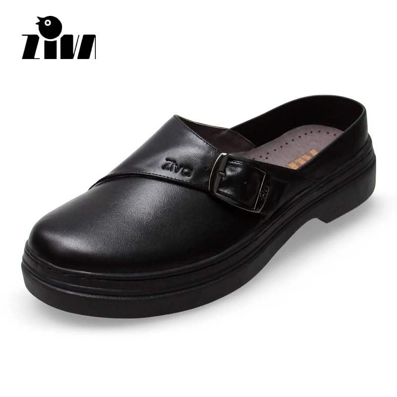 

ZIVA 2018 Cook Shoes Genuine Leather work shoes Non-slip chef shoes Summer Breathable Clogs Comfortable Slipper Size 35-46