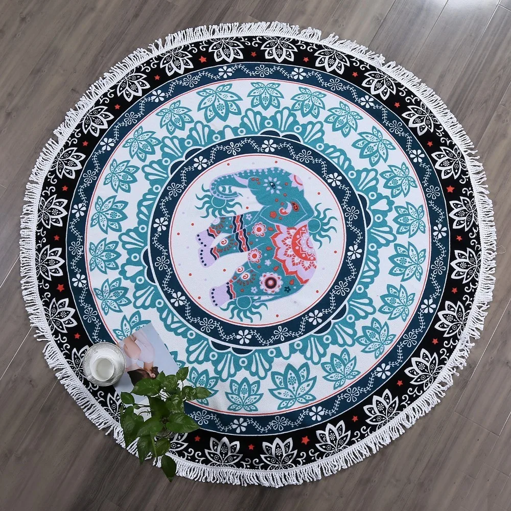 Us 1019 49 Offsummer Psychedelic Bath Microfiber Round Beach Towel Mandala Indian Elephant Large With Tassels For Adults Serviette De Plage In