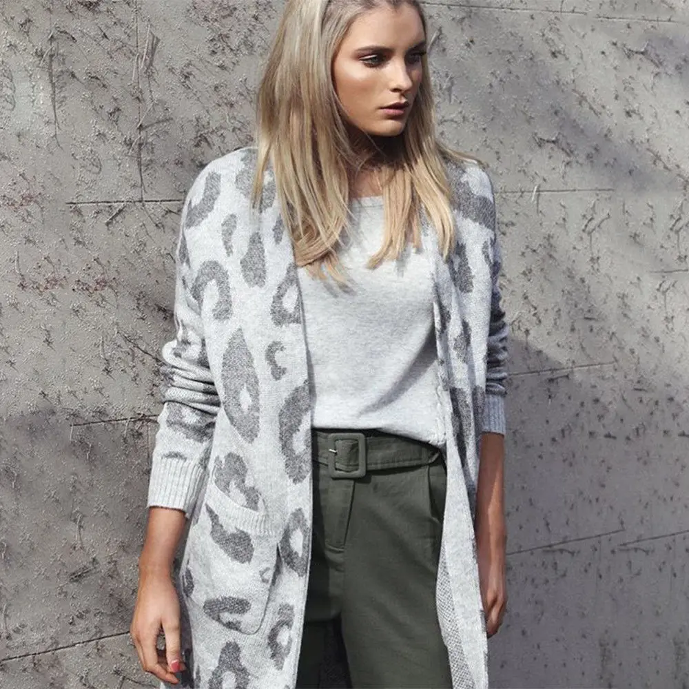

2019 Autumn Women Warm Leopard Print Long Sweaters Cardigan Coat Tops Casual Cotton Open Stitch With Pocket