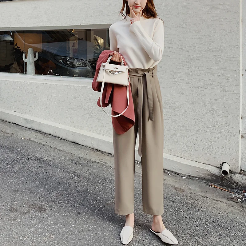 TongLord High Waist Sashes Women Suit Pants Pockets Ankle