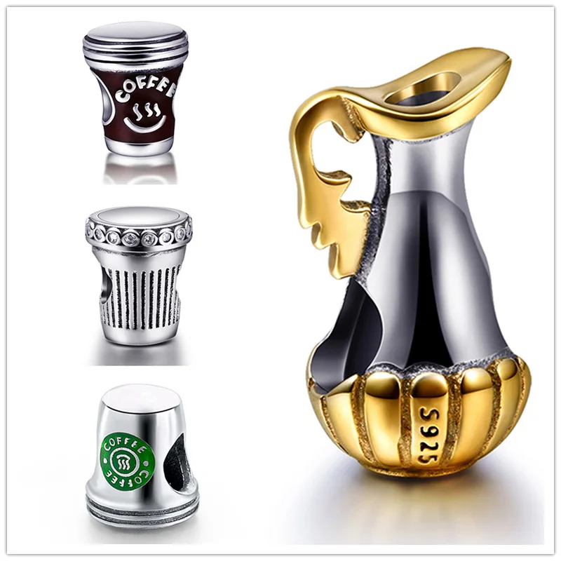 925 Sterling Silver Coffee cup Konvice sada Charm Beads Fit Originální Pandora náramky náramky autentické DIY šperky výroba dárek