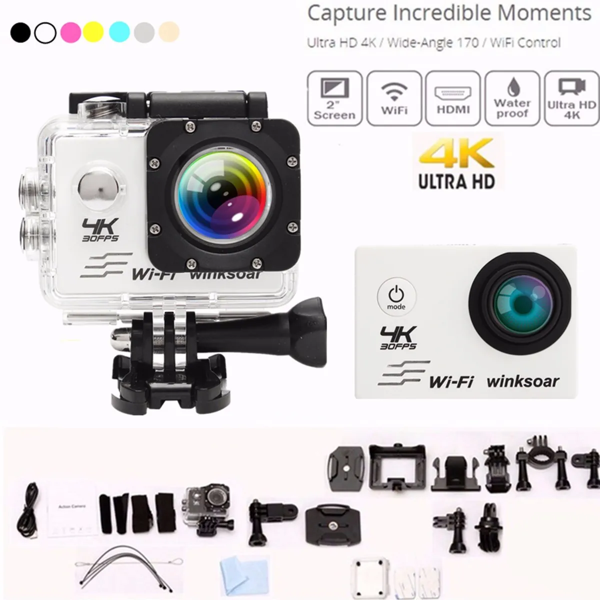 

SJ8000 4K HD 170 Degree WiFi 2.0'' LCD Waterproof Sports Action DV Camera 59x25x41mm White Black Silver Pink Blue Gold Yellow