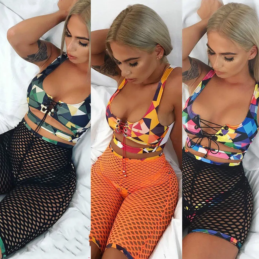 

2019 Newest Hot Women Sexy Lace-up Bikini Set Push Up Bra+Fishnet Shorts+Bottoms Swimsuit 3Pcs Sets