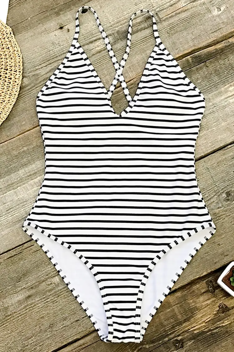 

Women's one-piece swimsuit sexy black and white stripes push up monokini swimsuit beachwear