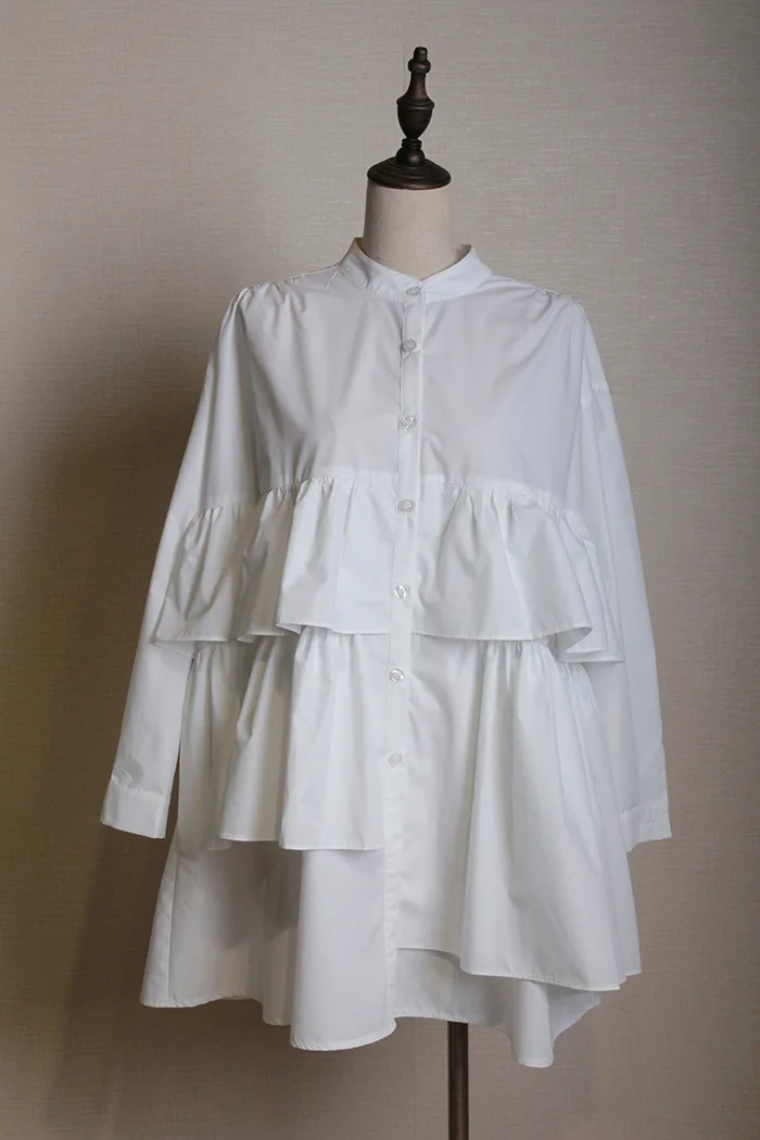 DEAT 2019 New Autumn Fashion Lady s Clothes Stand Collar Full Lantern Sleeve Ruffles Cake A-line Wide Shirt Female Blouse WB6350