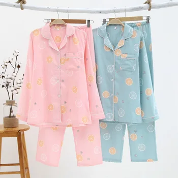 

Spring Thin Long Sleeve Cotton Double Gauze Pajamas Suit Cartoon Pink Lemon Printing Sleepwear Full Length Pijama Home Clothes
