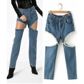 

2019 Spring New High Waist Pockets Straight Jeans Women Solid Hollow Out Sexy Denim Pants Loose Casual Trousers