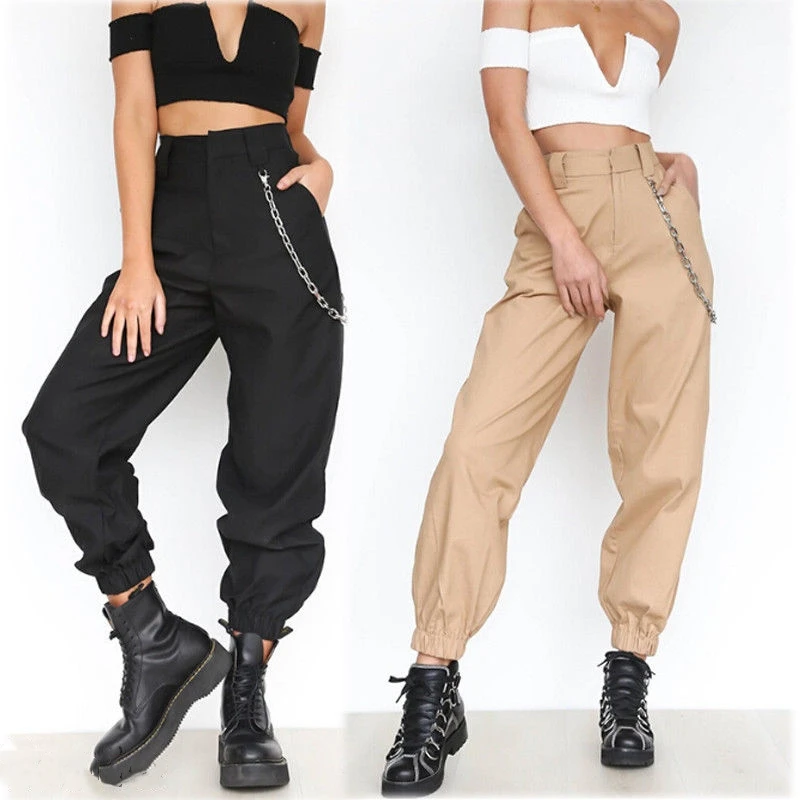 

Newly Women Harem Long Cargo Trousers Cotton Chic High Waist Pants Solid Punk Casual Loose Long Fashion