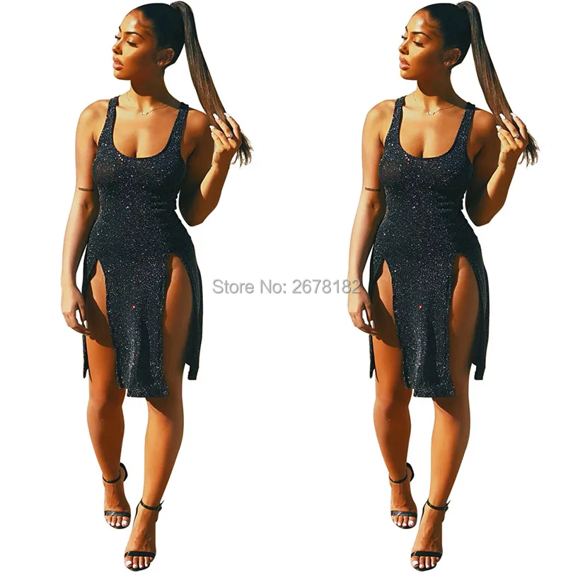 

Highly Stretchy Silver Wire Bodycon Club Dress Sexy Sleeveless Open Back Side High Slit Mini Party Dresses Vest Dress