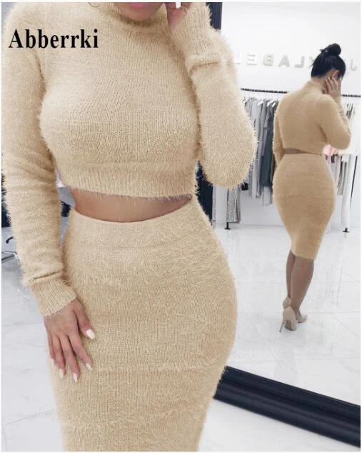 

Womens Autumn Winter New Long Sleeve Knit Sweater Sexy Bodycon Crop Top High Waist Solid Pencil Skirt Two Piece Set