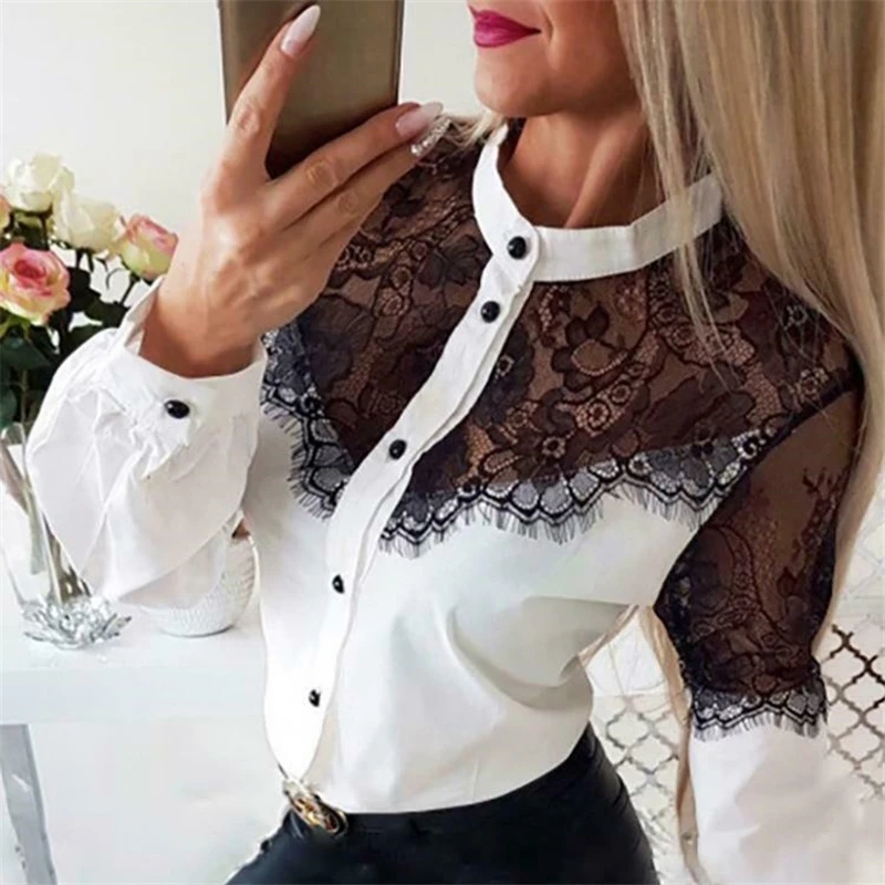 

New Women Fashion Lace Patchwork Blouse Shirts Vogue Ladies OL Button Up Stand Collar Blouse Top Hot 2019