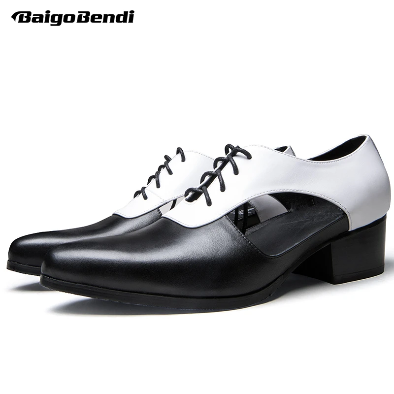 

Classical Black And White Mixed Colors Man Summer Heels Breathable Hollow Out 5 cm Pointed Toe Leather Sandals Man Trendy Shoes
