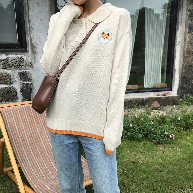 

Women Korean Knitted Casual Sweater Cat Dog Lover Sweater Fashion Pullover Cute Sweater Embroidery O-Neck Sweater