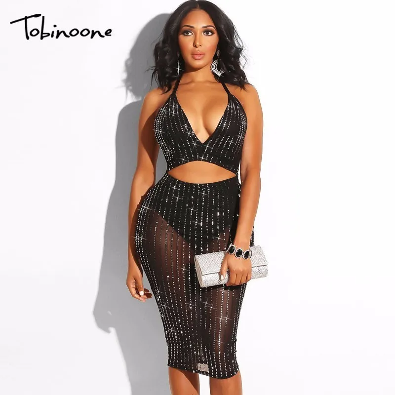 Tobinoone Mini Prom Party Dress Women Spaghetti Straps V Neck Bodycon Dress Above Knee Length Sequin Dresses 2018 New Arrival