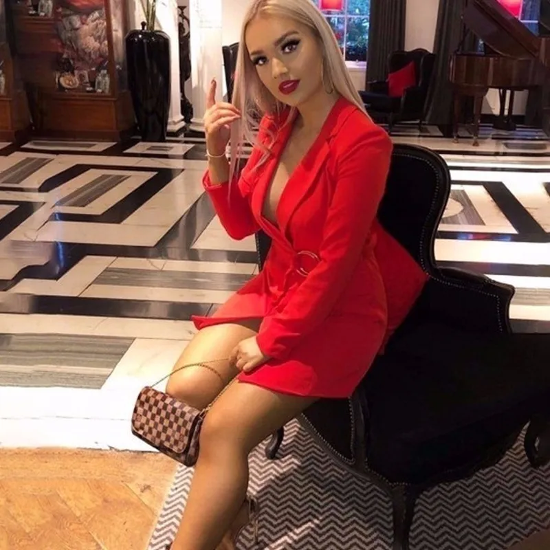

Fuedage 2019 Summer Formal Sexy Dress Women Belt Metal Ring Solid Party Dress Long Sleeve Elegant Short Mini Dress Vestido