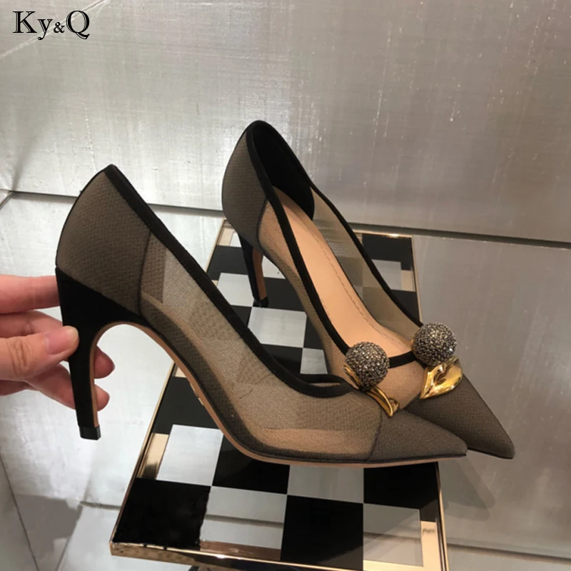 

2019 Spring New Fashion Pointed Ladies Mesh Lace Comfortable Stiletto Color Matching Rhinestone Sexy Casual High Heels 5-8cm