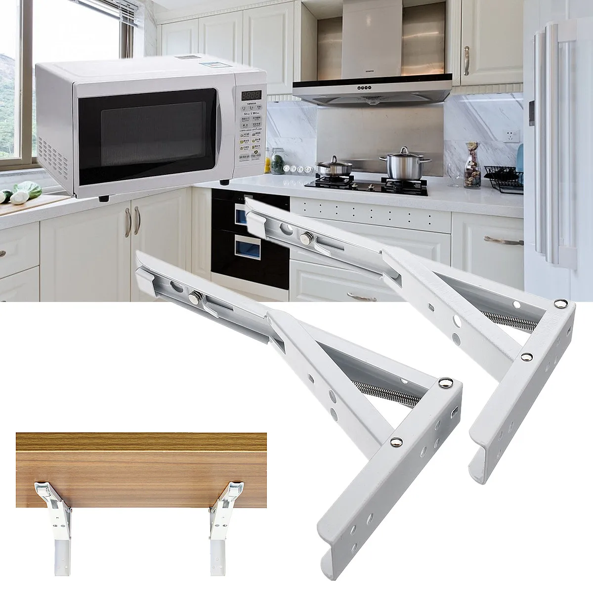 

2Pcs Microwave Ovens Triangle Spring Folding Shelf Bracket Support Wall Mounted 8/10/12/14 inch Foldable Stretchable Save Place
