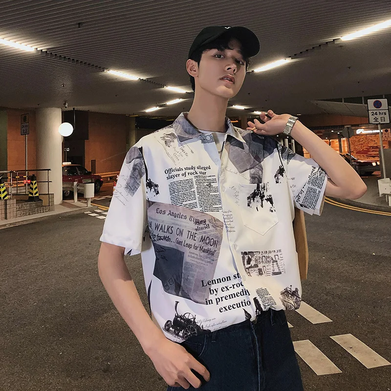 

2019 Summer Men's Fashion Trend Short Sleeve Shirt Newspaper Printing Leisure High-quality White/black Shirt Big Size M-5xl