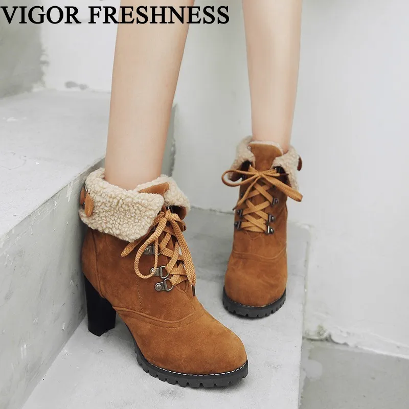 

VIGOR FRESHNESS Winter Shoes Women Ankle Boots Fur Autumn Boots Woman Warm Boots Ladies Lace Up 8CM Heels Shoes Dress MY290