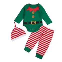 Довольно Xmas 3 шт. одежда для малышей мальчиков и девочек Санта наряды одежда с длинным рукавом Топ Ползунки + штаны в полоску + Шапки