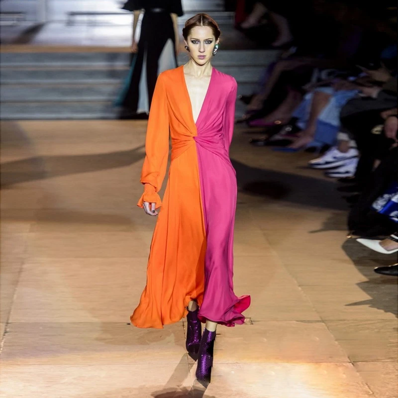 

2019 Runway Hit Color Patchwork Deep V-neck Women Summer Dress Hollow Out Sexy Long Petal Sleeve Dresses High Waist Party Dress