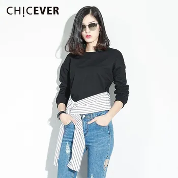 

CHICEVER Knitted Pullovers Female Sweatshirt For Women Top Patchwork Striped Bandage Two Use Autumn Casual Tops Clothes Fashion