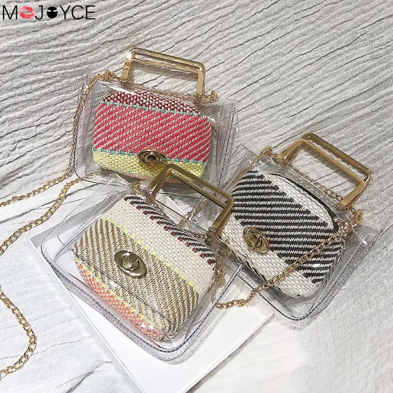 

Women Fashion Shoulder Bag PVC Retro Transparent Composite Bag Lady Weave Chain Women New Messenger Bag Handbag Shoulder Bag